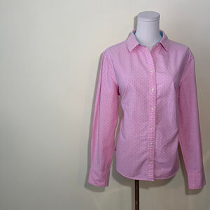 Lands' End Women’s Pink w/ Blue Polka Dot Button Down Long Sleeve Shirt 14